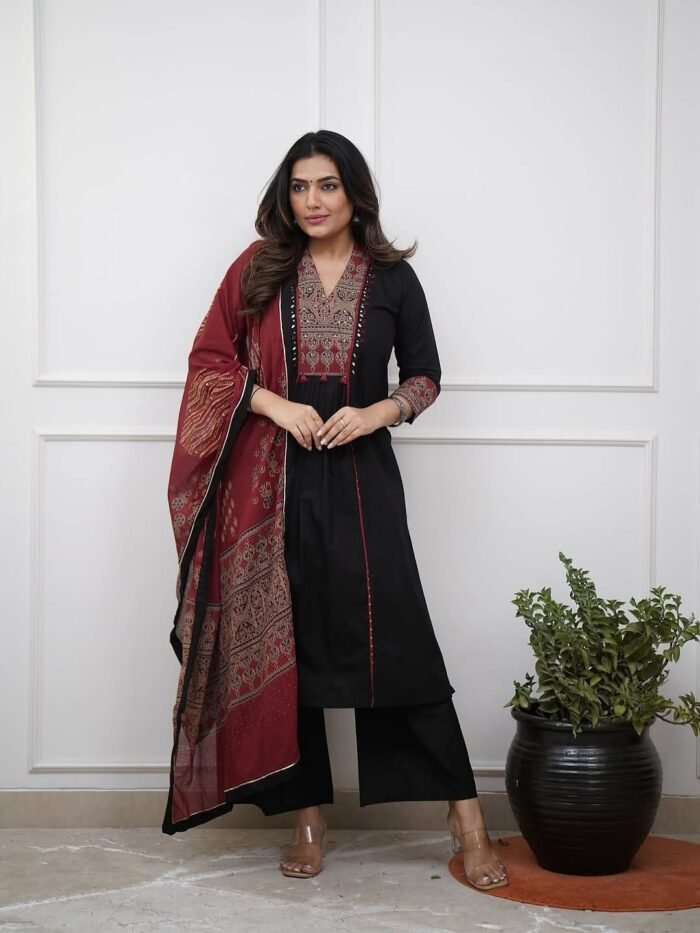 Black Embroidered Kurta Palazzo Set with Dupatta