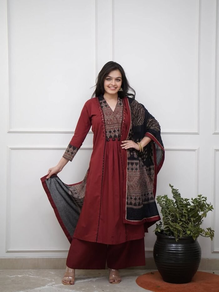 Maroon Ethnic Suit Set with Jacquard Dupatta